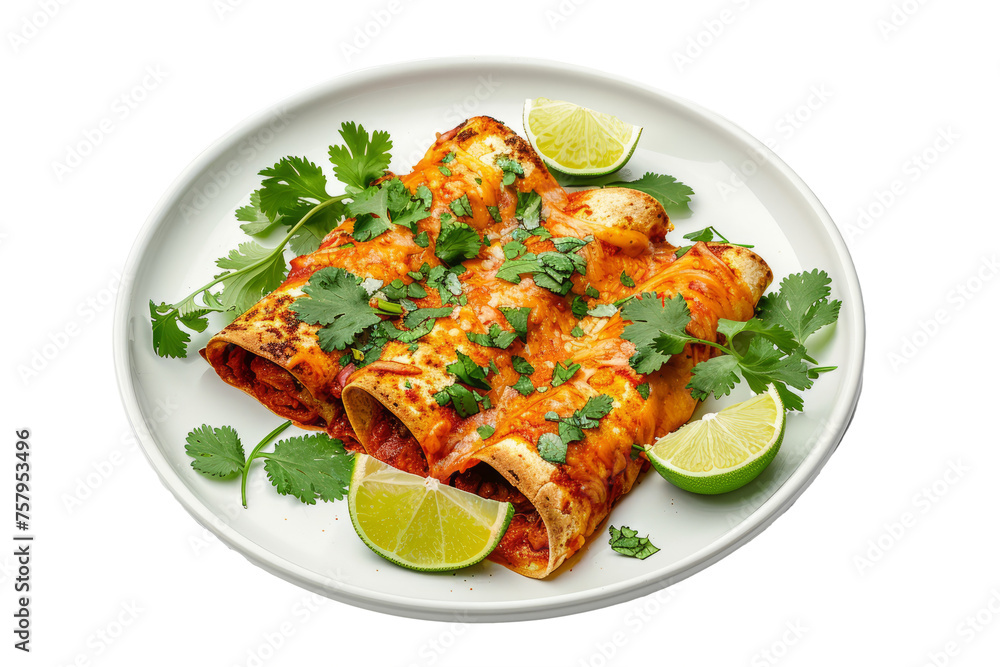delicious plate of enchiladas garnished with cilantro and lime slices, on a white background