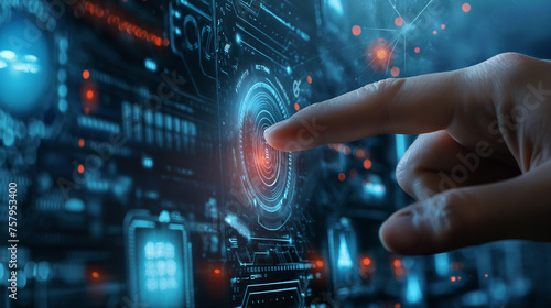 A user interacts with a state-of-the-art biometric system, scanning a fingerprint on a futuristic digital interface for secure access. 