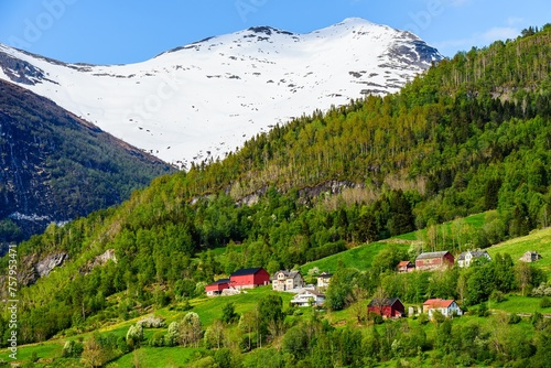 Mountains and Fiord over Norwegian Village in Olden  Innvikfjorden  Norway