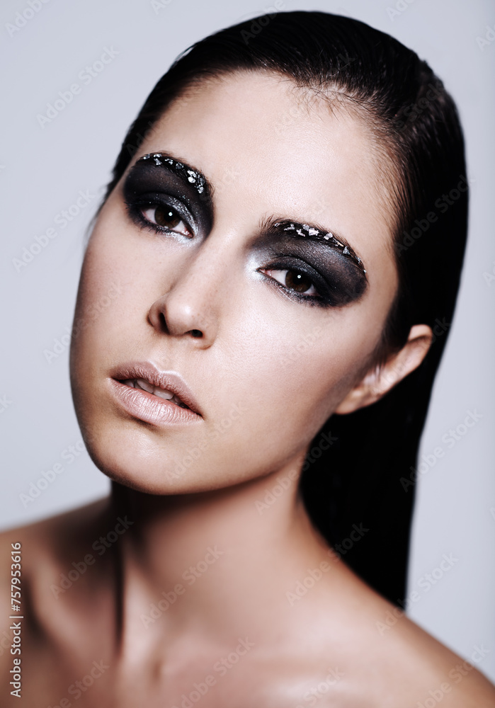 Studio, portrait and woman with makeup for beauty from cosmetics for art on face of girl. Relax, model and female person with glow, shine and soft skin from skincare with treatment of dermatology Studio, portrait and woman with makeup for beauty from cosmetics for art on face of girl. Relax, model and female person with glow, shine and soft skin from skincare with treatment of dermatology