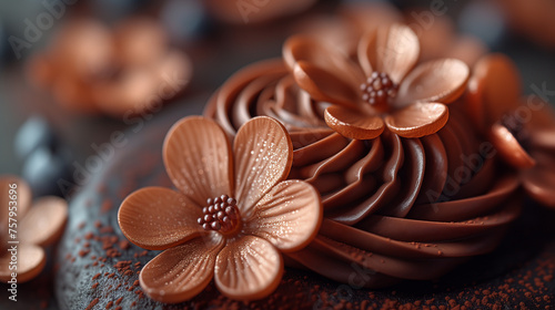 花のデコレーションが飾られたチョコレートケーキの接写