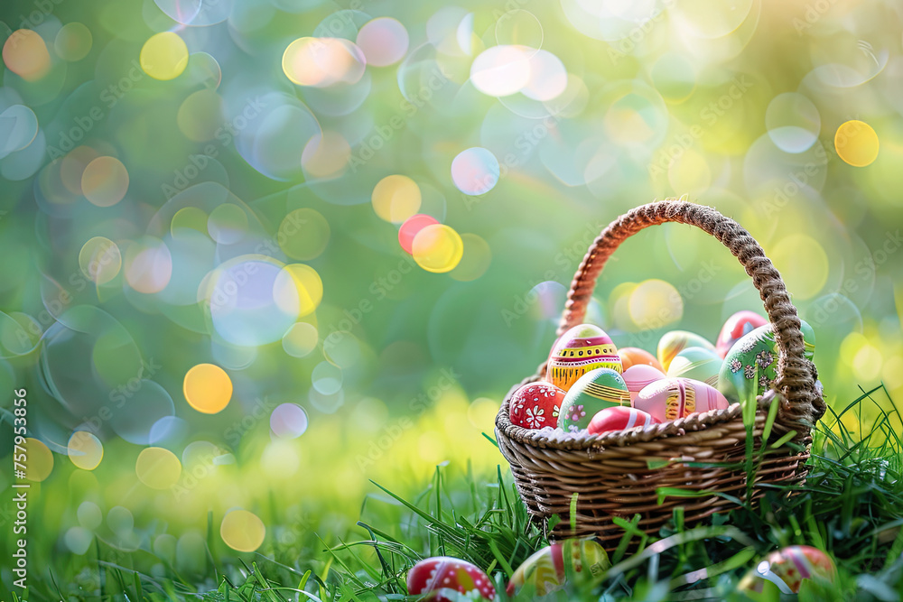close up of easter colorful eggs in a basket on grassy field with a bokeh background. easter holiday concept. close up of easter colorful eggs in a basket on grassy field with a bokeh background. easter holiday concept.