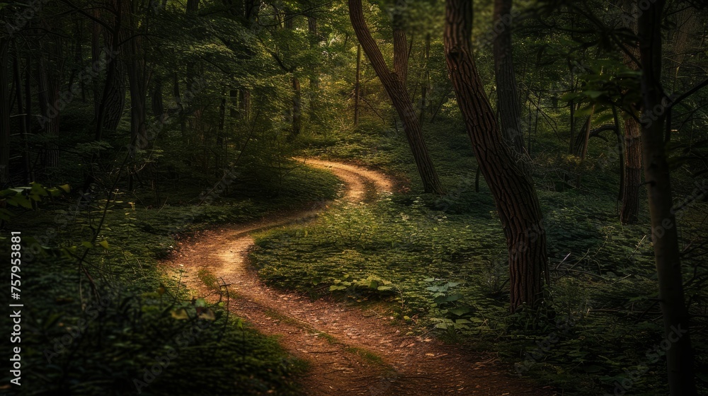 Mystery captured by a shadowy forest path winding into the unknown Mystery captured by a shadowy forest path winding into the unknown