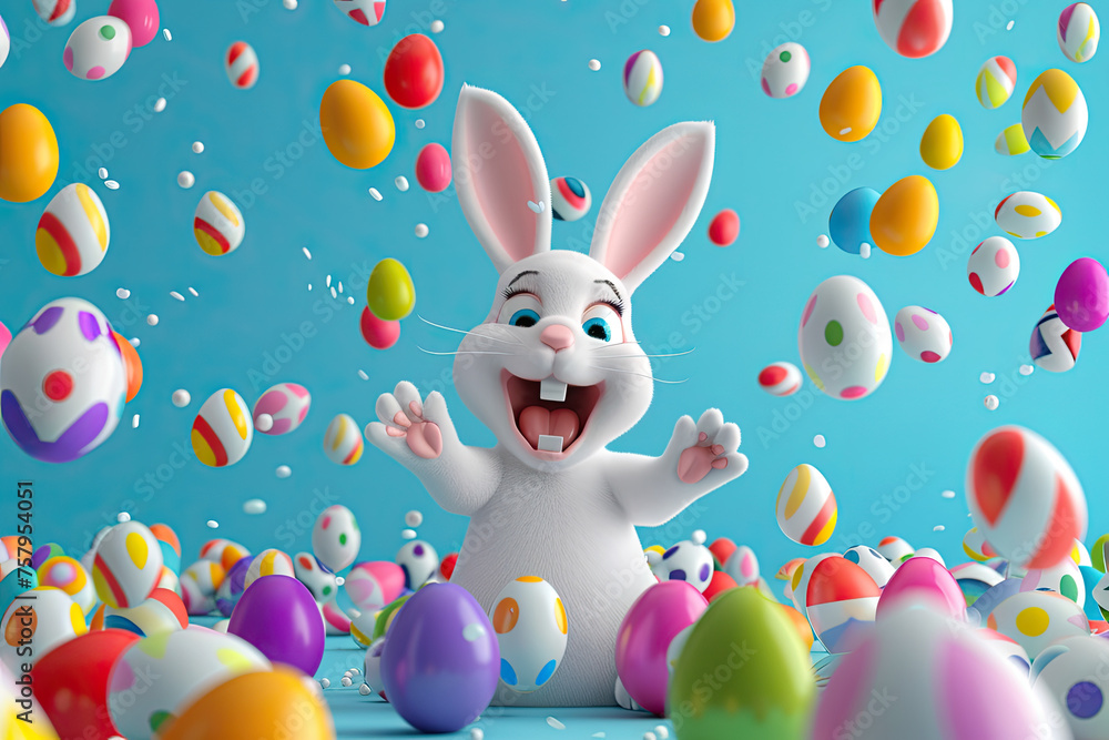 happy easter bunny surrounded by colorful eggs, blue background, cartoon style happy easter bunny surrounded by colorful eggs, blue background, cartoon style