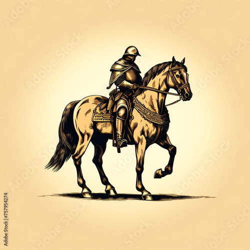 alloping horse with harness and saddle isolated on beige background. Vector image imitating medieval engraving
