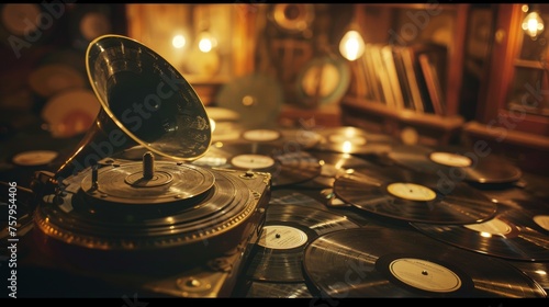 Nostalgia captured by a vintage gramophone with scattered vinyl records and soft lighting photo