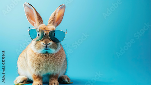 close up of a happy smiling rabbit wearing sunglasses isolated on a blue background