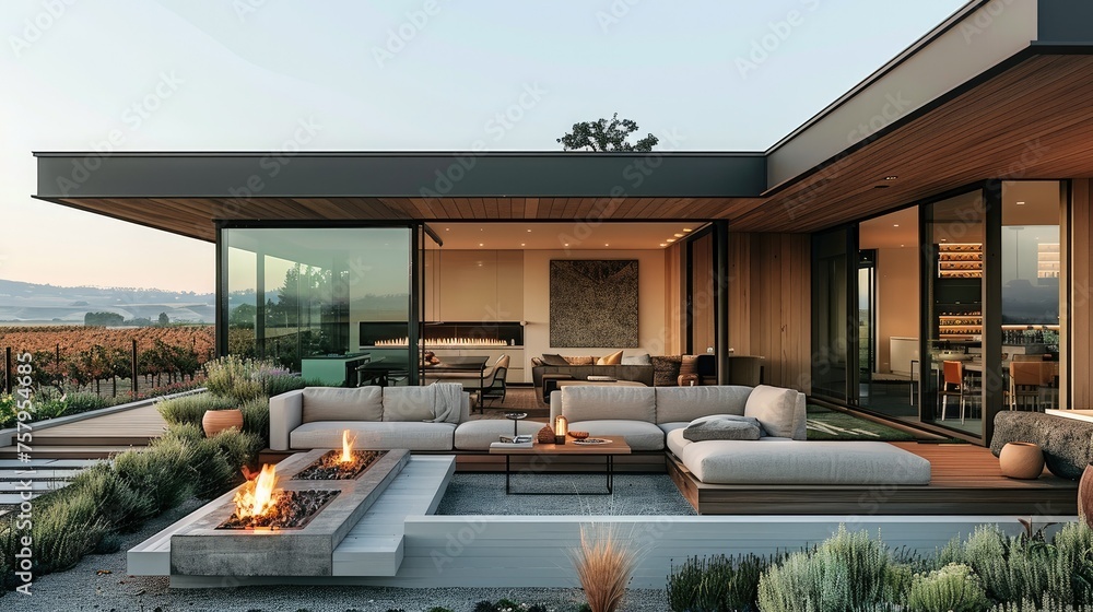 A modern, sleek cabin in wine country with an open floor plan and large windows overlooking vineyards. The exterior is made of wood. Generative AI. A modern, sleek cabin in wine country with an open floor plan and large windows overlooking vineyards. The exterior is made of wood. Generative AI.