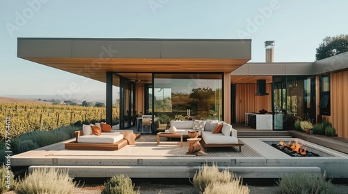 A modern, sleek cabin in wine country with an open floor plan and large windows overlooking vineyards. The exterior is made of wood. Generative AI. photo