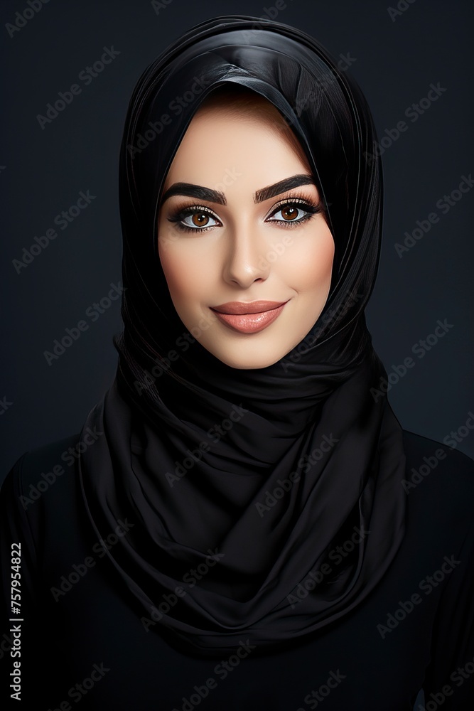Portrait of smiling young arabian girl in black hijab looking at camera on light background, widescreen. Beautiful muslim lady, copy space - generative ai Portrait of smiling young arabian girl in black hijab looking at camera on light background, widescreen. Beautiful muslim lady, copy space - generative ai