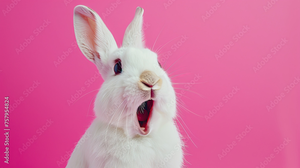 close up of photo of white rabbit with open mouth on pink background. surprised face expression. easter concept close up of photo of white rabbit with open mouth on pink background. surprised face expression. easter concept