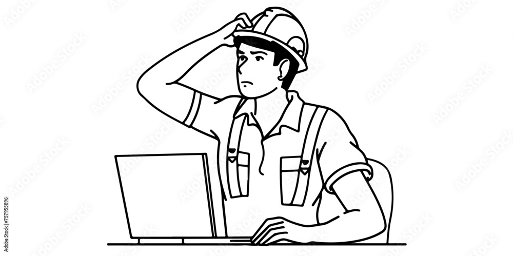 A businessman holding his head while looking at a computer vector line art, stress, headache, technology, frustration, overwhelmed