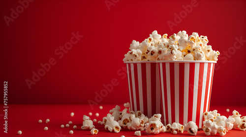 Set of red and white striped cups with popcorn on red background. copy space. generative ai 
