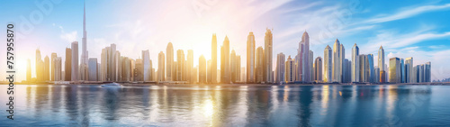 Banner with panoramic view of a modern city skyline with skyscrapers reflecting in the tranquil water under a blue sky with white clouds. Generative AI