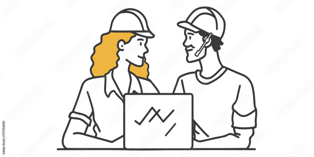 Continue one line drawing of Men and women doing work together with smiles vector line art, teamwork, collaboration, office environment, diversity, unity, happiness