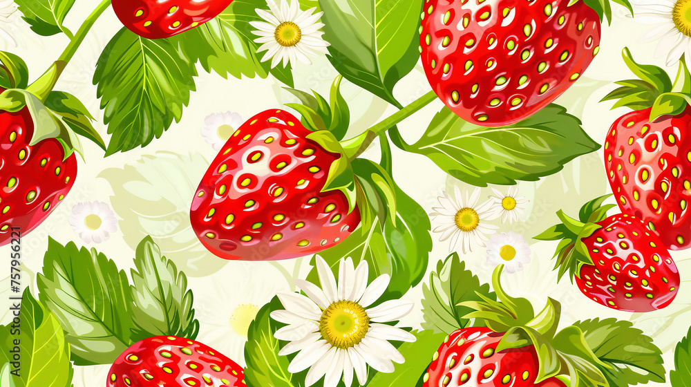 Abstract seamless pattern with red strawberry with green leaves and daisies isolated on white background. Close-up. Abstract seamless pattern with red strawberry with green leaves and daisies isolated on white background. Close-up.