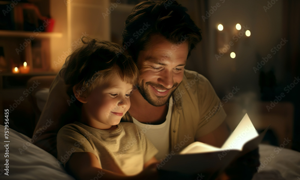 caucasian young family, night and story with child in bed for bonding, care and learning development. father Dad, son reading fairytale or education book with boy for bedtime routine in home caucasian young family, night and story with child in bed for bonding, care and learning development. father Dad, son reading fairytale or education book with boy for bedtime routine in home