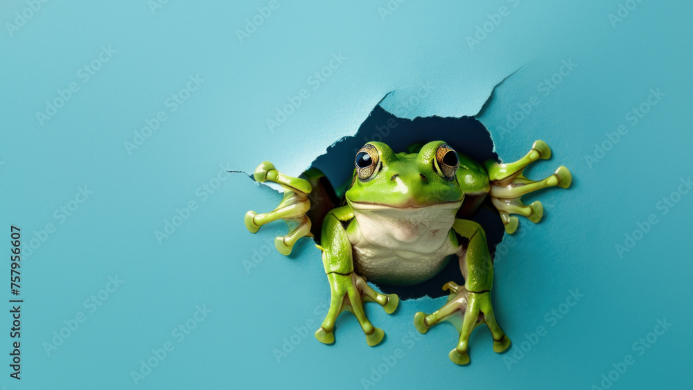 The startling eyes of a green frog as it peeks through a torn paper on a blue background depict a sense of curiosity and anticipation The startling eyes of a green frog as it peeks through a torn paper on a blue background depict a sense of curiosity and anticipation