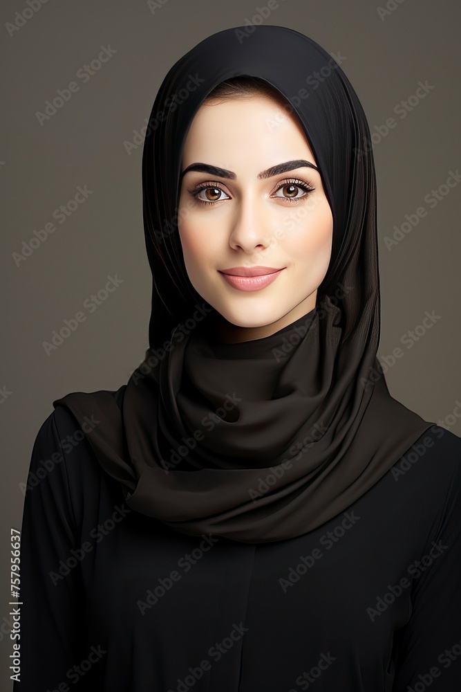 Portrait of smiling young arabian girl in black hijab looking at camera on light background, widescreen. Beautiful muslim lady, copy space - generative ai Portrait of smiling young arabian girl in black hijab looking at camera on light background, widescreen. Beautiful muslim lady, copy space - generative ai