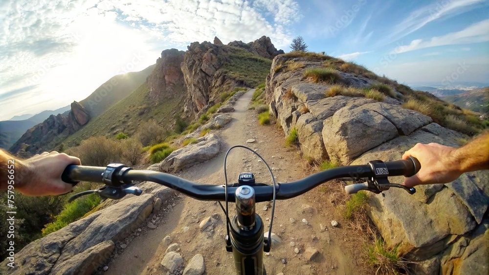 POV from bike on a downhill mountain bike trail very rocky POV from bike on a downhill mountain bike trail very rocky