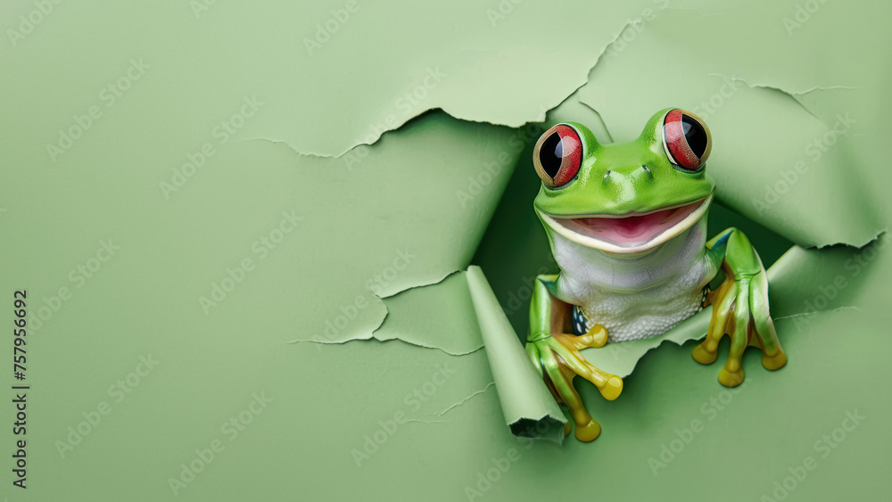 Obraz premium Captivating image of a mischievous green frog peeking with wide eyes from a ripped sheet of green paper