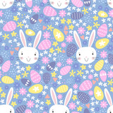 Easter concept with colourful eggs, cute bunnies and flowers. Seamless pattern. Great for textiles, banners, wallpapers, wrapping - vector design