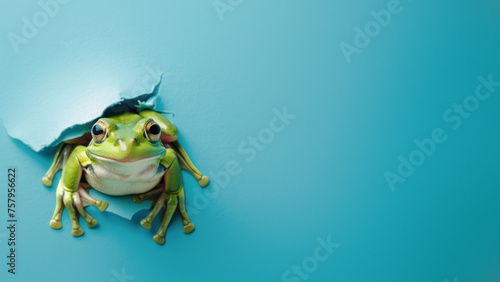Green tree frog poised as if preparing to leap off the edge of blue torn paper, conveying readiness and anticipation
