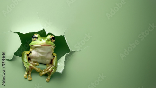 A whimsical image of a green frog peeking curiously through a torn hole in a green paper backdrop, suggesting surprise or discovery photo