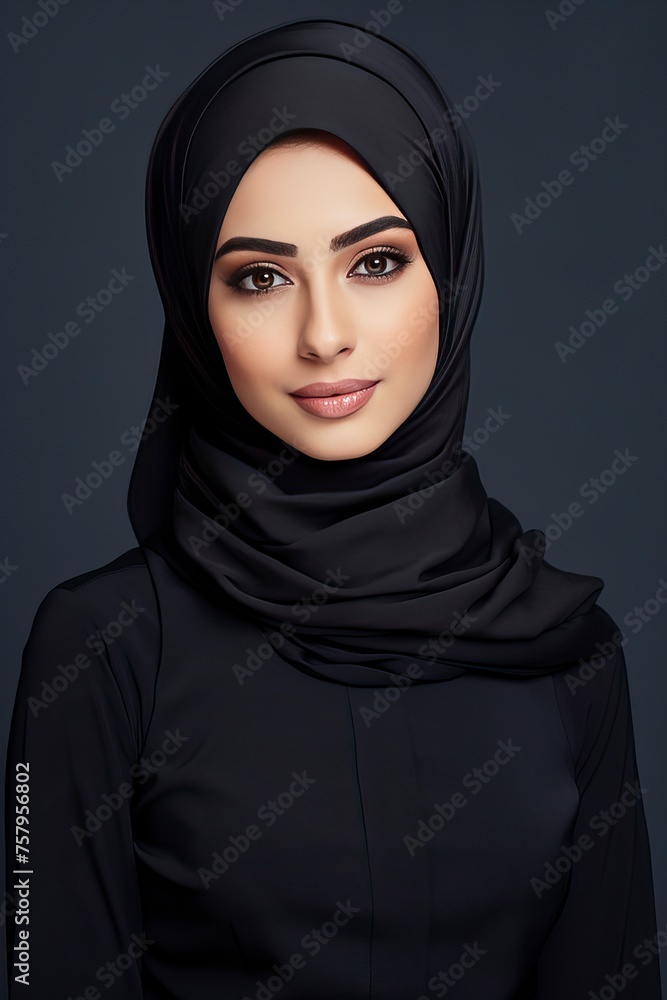 Portrait of smiling young arabian girl in black hijab looking at camera on light background, widescreen. Beautiful muslim lady, copy space - generative ai Portrait of smiling young arabian girl in black hijab looking at camera on light background, widescreen. Beautiful muslim lady, copy space - generative ai