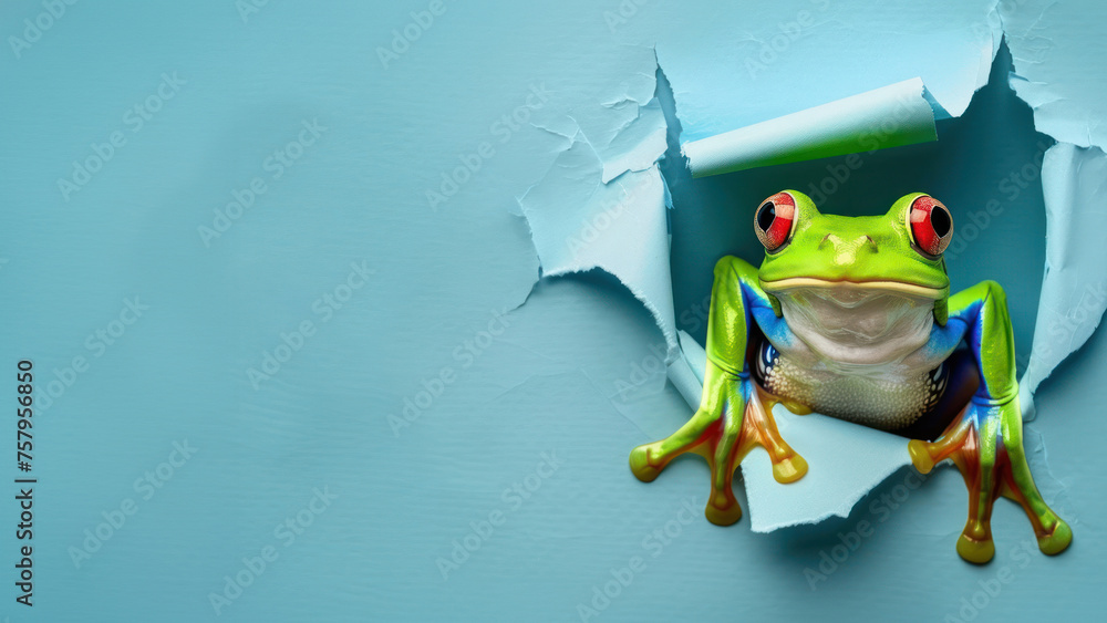A vibrant green frog with striking red eyes emerges from a tear in a blue paper, symbolizing surprise and discovery - obrazy, fototapety, plakaty 