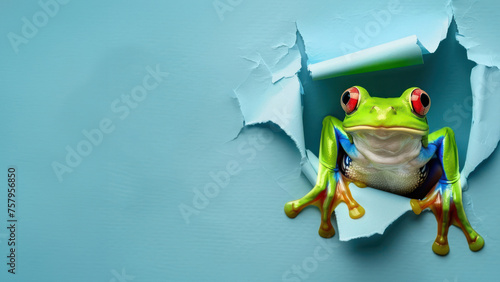 A vibrant green frog with striking red eyes emerges from a tear in a blue paper, symbolizing surprise and discovery