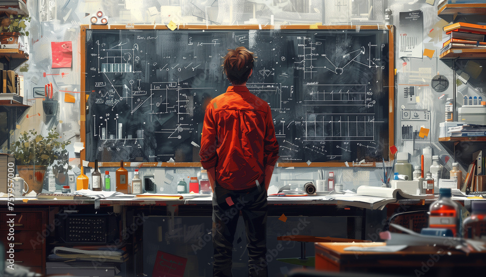 Illustration of a teacher's blackboard with written formulas and assignments, conveying an atmosphere of learning and knowledge Illustration of a teacher's blackboard with written formulas and assignments, conveying an atmosphere of learning and knowledge