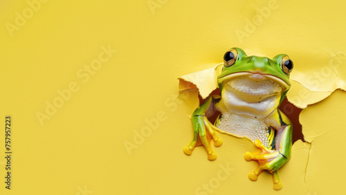 A vibrant green frog peers curiously through a torn hole in a bright yellow paper background
