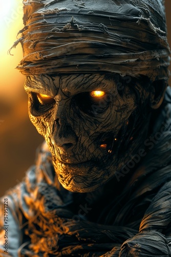 A mysterious warrior mummy in dark, stands against a vivid golden backdrop