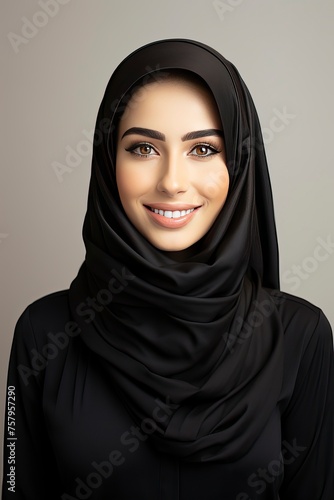 Portrait of smiling young arabian girl in black hijab looking at camera on light background, widescreen. Beautiful muslim lady, copy space - generative ai