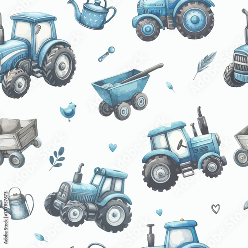 Seamless pattern of watercolor tractor.