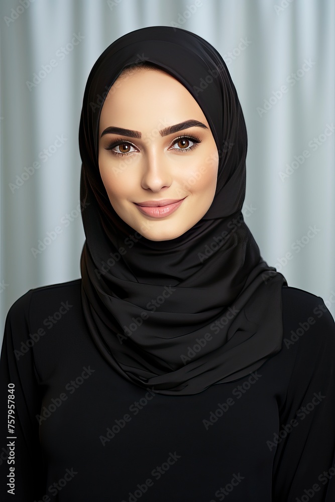 Portrait of smiling young arabian girl in black hijab looking at camera on light background, widescreen. Beautiful muslim lady, copy space - generative ai Portrait of smiling young arabian girl in black hijab looking at camera on light background, widescreen. Beautiful muslim lady, copy space - generative ai