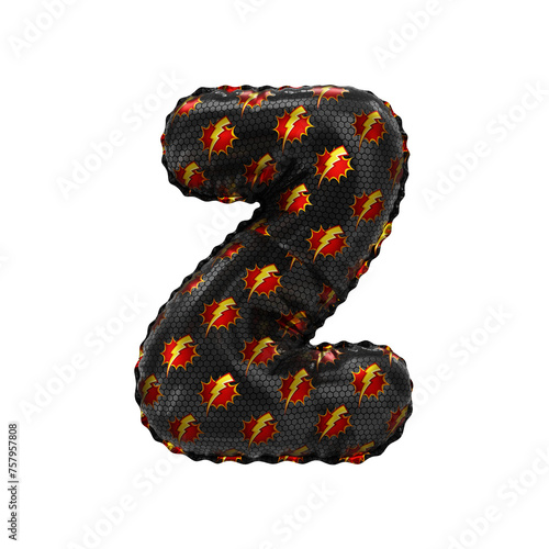3D inflated balloon letter Z with red & yellow power lightning comic hero pattern black surface