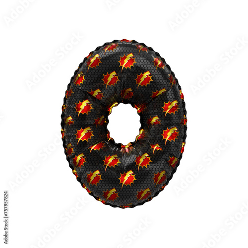 3D inflated balloon Number 0 with red & yellow power lightning comic hero pattern black surface