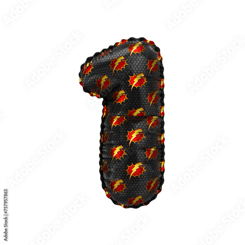 3D inflated balloon Number 1 with red & yellow power lightning comic hero pattern black surface