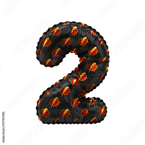 3D inflated balloon Number 2 with red & yellow power lightning comic hero pattern black surface
