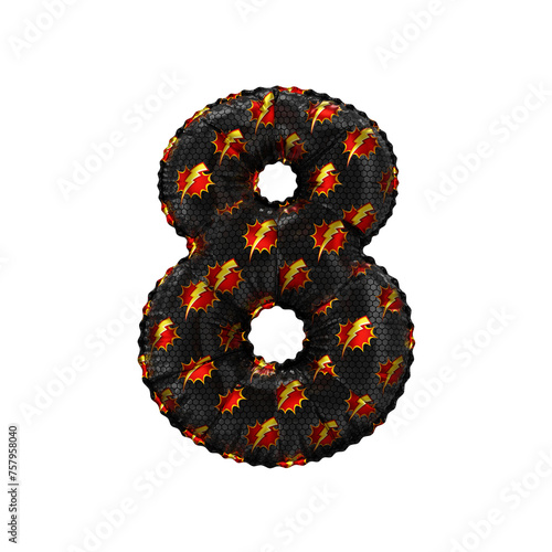 3D inflated balloon Number 8 with red & yellow power lightning comic hero pattern black surface