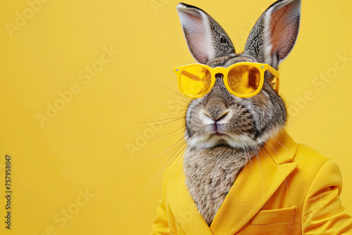 rabbit wearing yellow suit and sunglasses on yellow background  © Rangga Bimantara