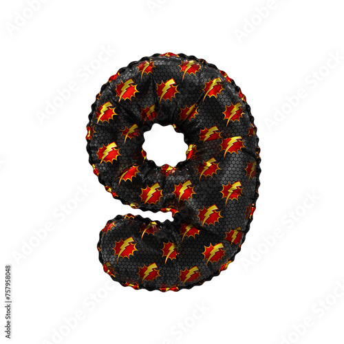 3D inflated balloon Number 9 with red & yellow power lightning comic hero pattern black surface