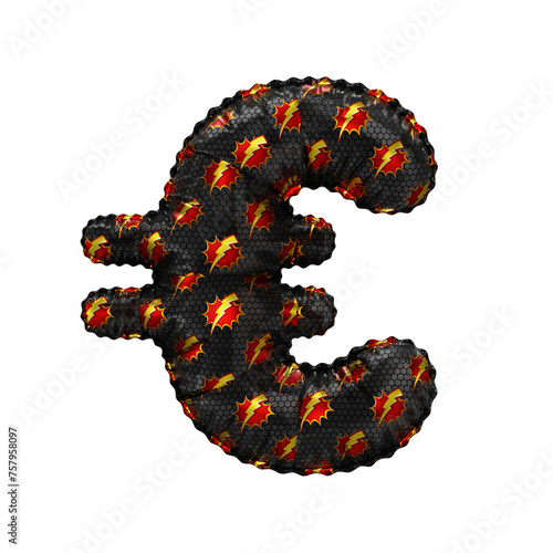 3D inflated balloon Euro Currency Symbol/sign with red & yellow power lightning comic hero pattern black surface