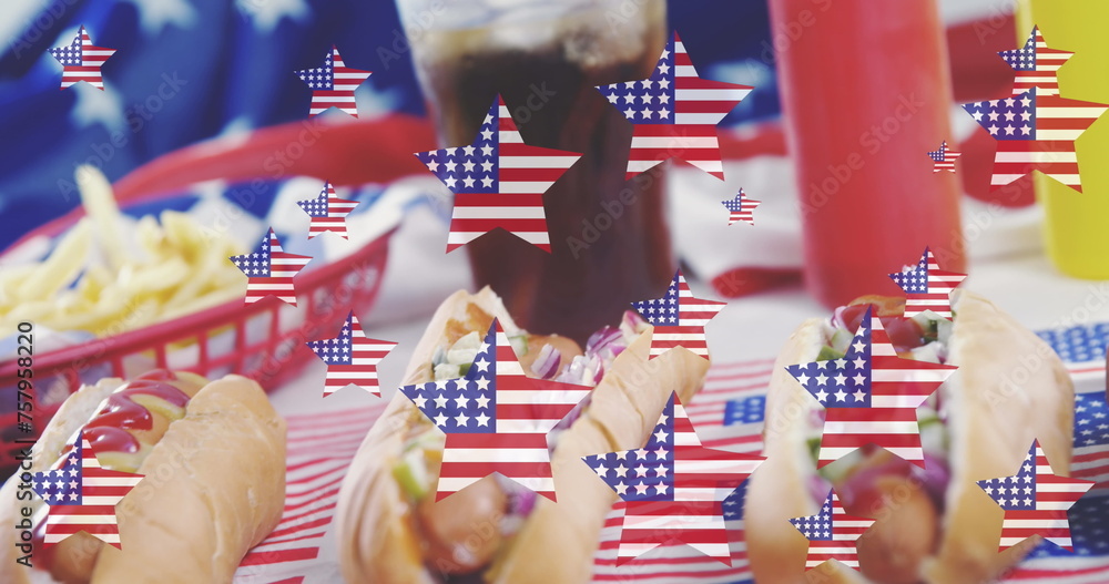 Naklejka premium Image of stars with usa flags over hot dogs