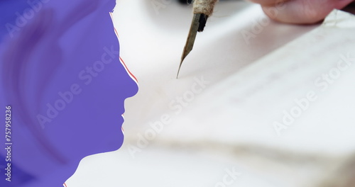 Image of human profile in usa flag colours over hand writing with pen