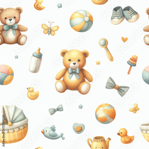 Seamless pattern of watercolor plush toys bear, ball and other.