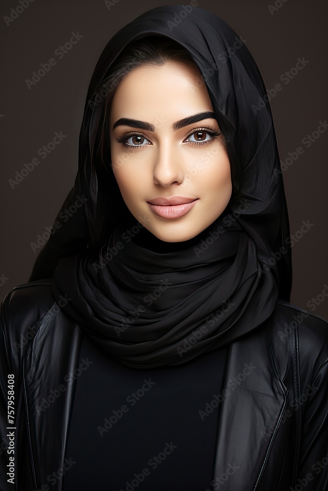 Portrait of smiling young arabian girl in black hijab looking at camera on light background, widescreen. Beautiful muslim lady, copy space - generative ai Portrait of smiling young arabian girl in black hijab looking at camera on light background, widescreen. Beautiful muslim lady, copy space - generative ai