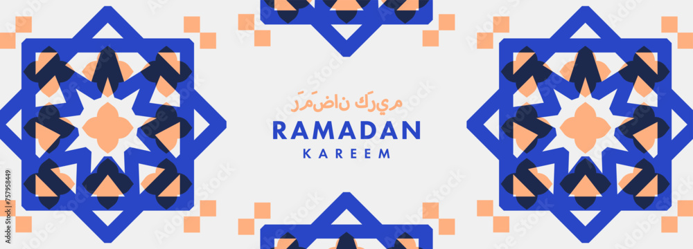 Ramadan Kareem poster, holiday cover, Islamic greeting card, web banner template. Arabic text mean Ramadan Kareem. Modern design with geometric pattern overlay effect in blue and trendy peach colors Ramadan Kareem poster, holiday cover, Islamic greeting card, web banner template. Arabic text mean Ramadan Kareem. Modern design with geometric pattern overlay effect in blue and trendy peach colors